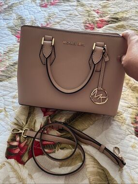Michael Kors Blush Pink Leather Satchel with Gold Logo Charm